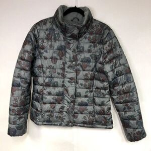 Gap Coat Women's‎ Large Gray Red Floral Puffer Long Sleeve Lined Full Zip Snaps